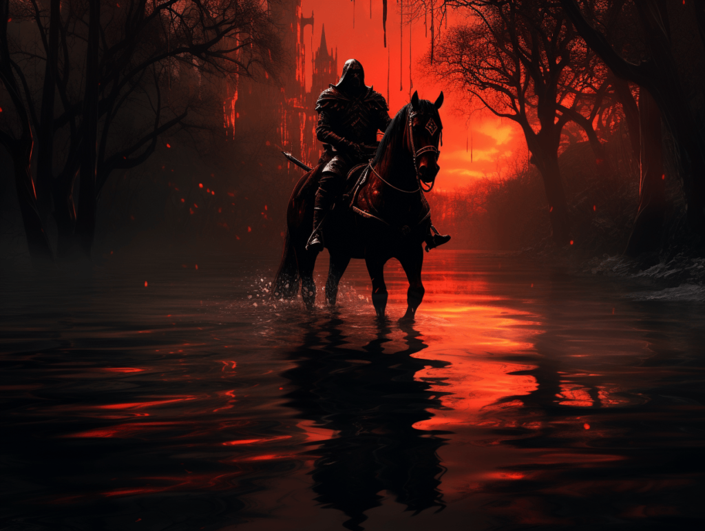 brave knight on horse through a river