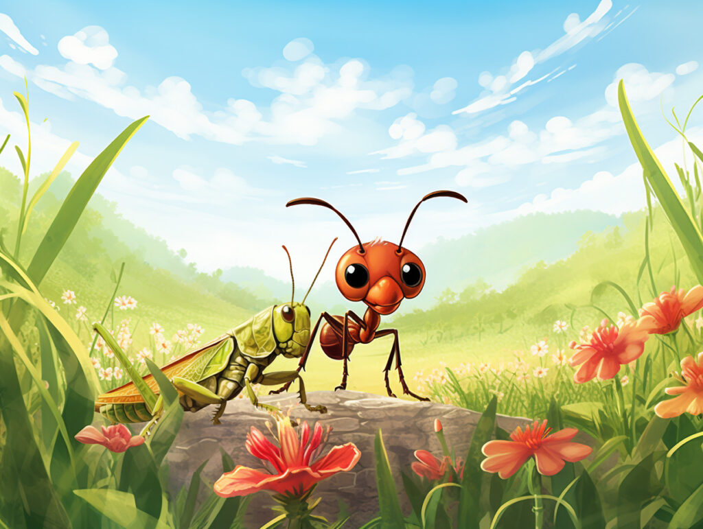an ant and a grasshoper in a meadow