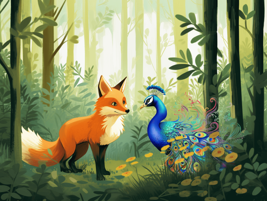 A fox and a peacock in a lush forest
